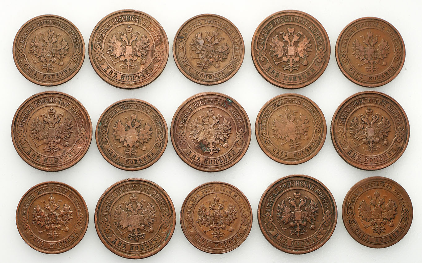 Rosja. Mikołaj II. 1 - 2 kopiejki 1906-1914, zestaw 15 monet